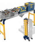 Heavy Duty Portable Steel Welding Table With 4 Smooth Rolling Casters And 4000 Lbs Weight Foldable Workbench, tools stored on top.