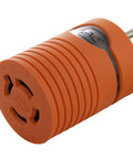 Rock Solid Generator Adapter Featuring Straight Up Reliable Nema 5-15P To L14 20R Four Prong Locking Connector with orange casing.