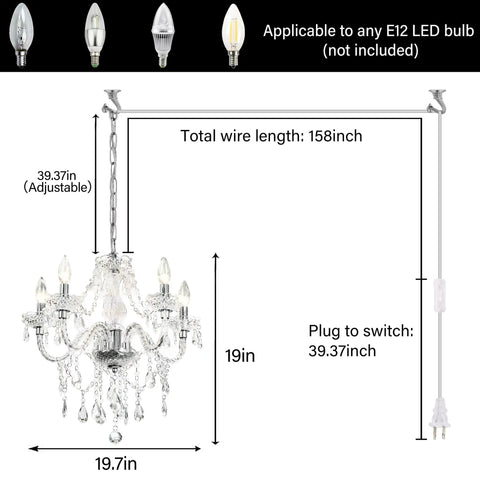 Diagram of Five Light Crystal Pendant Chandelier With Acrylic Beads, Plug In Pendant Lights, Clear Cord, dimensions labeled
