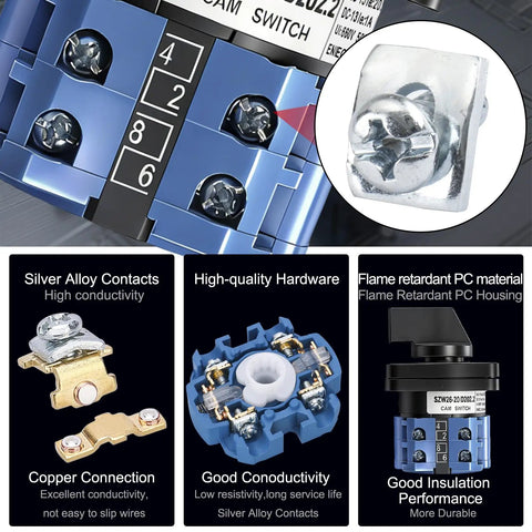 Close-up of Universal Rotary Cam Selector Changeover Switch SZW26 20 D2022 showing silver alloy contacts and flame-retardant PC material.