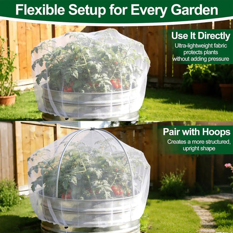 Garden Shield Net For Raised Beds, Bird Exclusion Mesh To Protect Vegetables Berries And Herbs, Circular Bed Cover shown on plants