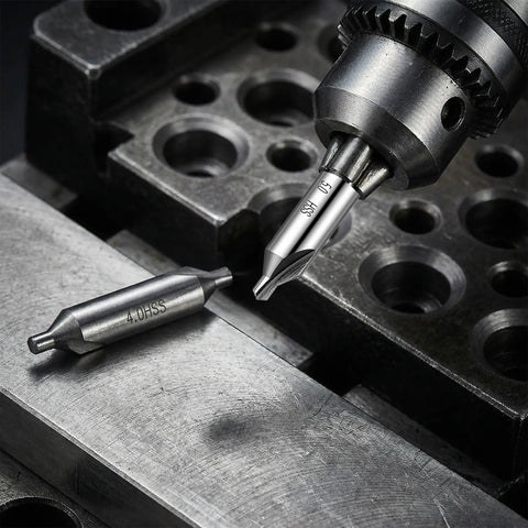 Top Shelf 7 Piece Center Drill Bit Set With 60 Degree Premium Carbon Steel Points For Dead On Precision Lathes Metal Fab And Wood Turnery Solid Grip Tool Kit 1.0 To 5.0 Mm Sizing showing a precision center drill bit measuring 4.0mm.