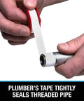 PTFE Thread Seal Tape Half Inch By 260 Inches White And Blue Spool Non Flammable For DIY Pro Plumbing Sealing Threads Temperature Resistant From -450 To 500 Degrees F being used to seal a threaded pipe joint.