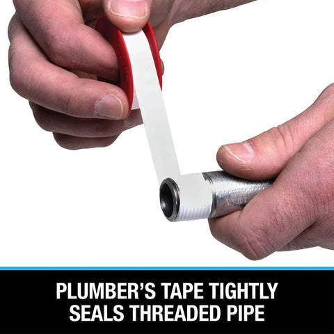 PTFE Thread Seal Tape Half Inch By 260 Inches White And Blue Spool Non Flammable For DIY Pro Plumbing Sealing Threads Temperature Resistant From -450 To 500 Degrees F being used to seal a threaded pipe joint.