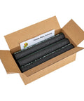 Open box showing foam pipe insulation sticks for hot and cold water lines pre slit with self sealing edge 0.75 inch by 1 foot black.