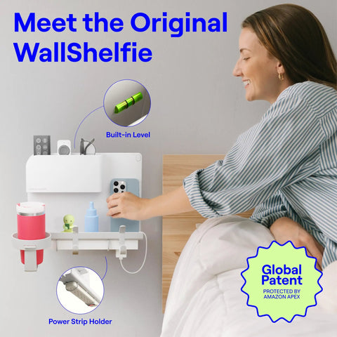 Game Changing Damage Free Wall Shelves For Dorm Room And Bedroom Side Table Storage Rack With Phone Holder Makeup Organizer Renter Approved No Drill Clean Setup White