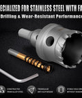 16-Piece Carbide Hole Saw Kit For Metal And Stainless Steel, Heavy-Duty TCT Cutters showcasing saw with titanium pilot