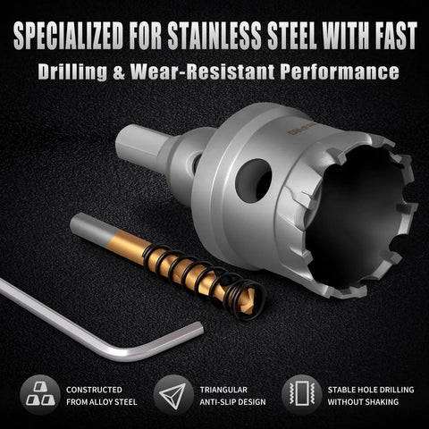 16-Piece Carbide Hole Saw Kit For Metal And Stainless Steel, Heavy-Duty TCT Cutters showcasing saw with titanium pilot