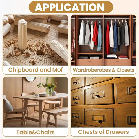 90 Piece Hardwood Dowel Set In Three Sizes One Quarter Inch Five Sixteenths Inch And Three Eighths Inch Fluted Grooved Dowels for various applications