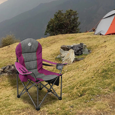 Oversized Portable Camping Chair With Cup Holder And Cooler Bag Full Padding Lumbar Support And Head Pocket 350 lbs Purple