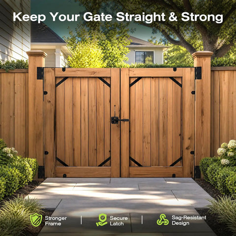 Anti Sag Gate Kit For Wooden Fence, Heavy Duty Gate Hardware With Welded Hinges, Corner Braces, Self Locking Latch, No Sag Fence Gate System For Outdoor Use on wooden double gate