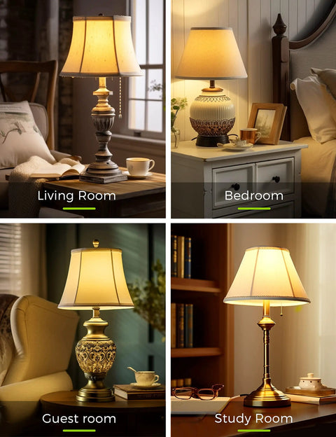 3 Way LED Bulbs 50, 100, 150W Equivalent lighting in living, bedroom, guest, and study rooms with table lamps.