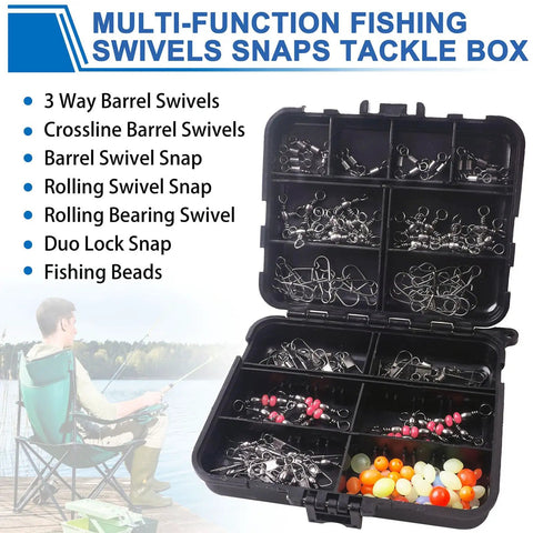 Must Have Pocket Fishing Kit With 140 Pcs Swivels And Snaps, 6 High Strength Types Plus Beads, Heavy Duty Metal Construction Stored In Clear Plastic Box For Quick Access On Freshwater And Saltwater Angling.
