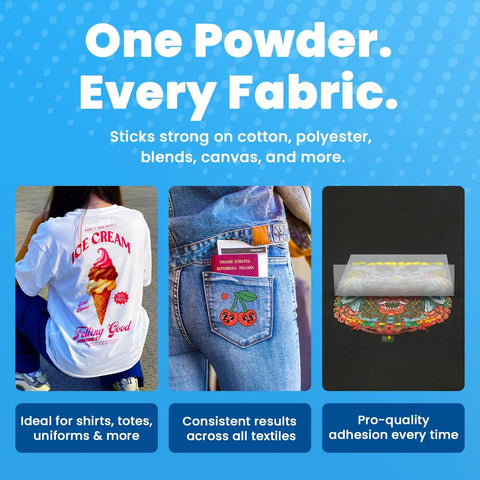 Hot Melt DTF Adhesive Powder For Transfers on garments and fabrics, ideal for cotton, polyester, blends, and more.