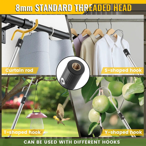Telescoping Drapery Pull Rod 36 To 63 Inches, Heavy Duty Stainless Steel Curtain Wand With Soft Sponge Grip, Lightweight Extension Pole For Curtains, Black And Yellow with 8mm threaded head and hook attachments