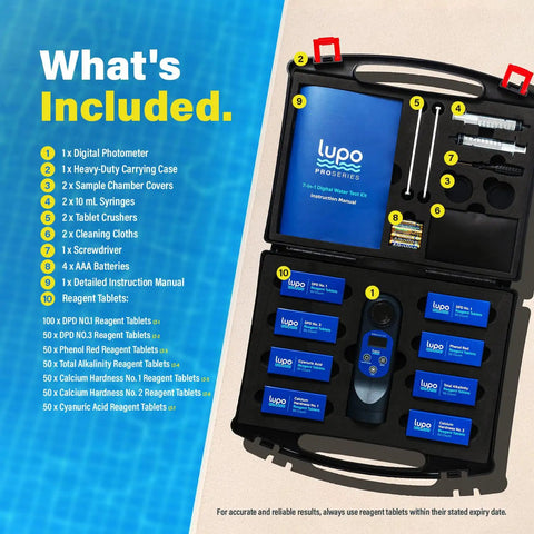 Digital Pool Test Kit For Swimming Pools Spas And Hot Tubs Delivers Dead On Results For PH Free Chlorine And Calcium Levels in a sturdy carrying case with tools.