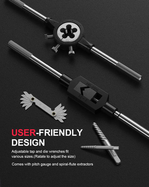 52 Piece Large SAE Tap And Die Set For Heavy Duty Workhorse Thread Repair And Rethreading 1/4-20 To 1-14 Coarse And Fine Threads GCr15 Steel Industrial Grade Tool Kit with spiral-flute extractors and adjustable wrenches on black background