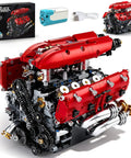 Close-up of V8 Engine Model Kit That Runs With Motorized Pistons, Car Engine Building Blocks Set For STEM Learning in red with box and motor.