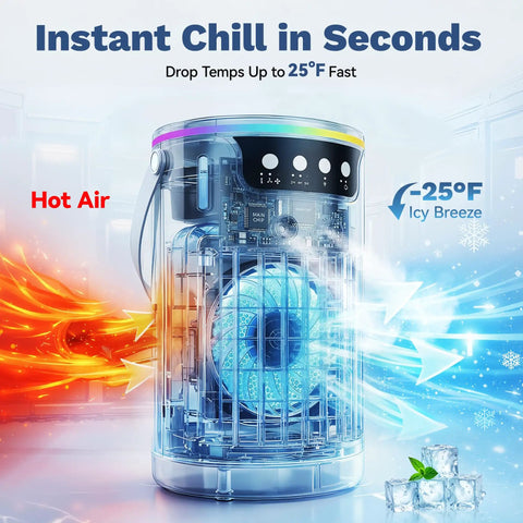 Personal Mini Air Cooler With Ice Water Cold Mist, 4 In 1 Evaporative AC showing temperature drop by 25°F using icy breeze
