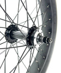 Close-up of dual bearing hub on Beefy Front Fat Bike Wheel Set 20x4.0 Bolt On Rim For Snow Riding, disc brake compatible.