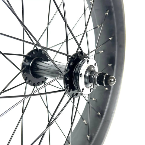 Close-up of dual bearing hub on Beefy Front Fat Bike Wheel Set 20x4.0 Bolt On Rim For Snow Riding, disc brake compatible.
