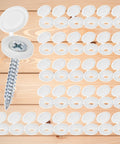200 Pack Plastic Hinged Screw Cover Caps White For M3 M4 M5 5mm Screw Heads displayed on wooden surface