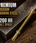 Fourteen Gauge Bronze Self Drilling Screws For Trailer Decks And Steel Panels Star Drive T30 Fasteners Bulk Box on textured metal background.