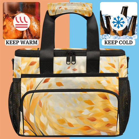 Insulated Picnic Backpack With Large Lunch Box For Women And Men, tote with leaf design, showcasing keep warm and keep cold icons