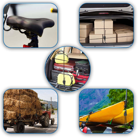 Two Pack Kayak Tie Down Straps used for securing various loads including kayaks, luggage, boxes, and hay bales.