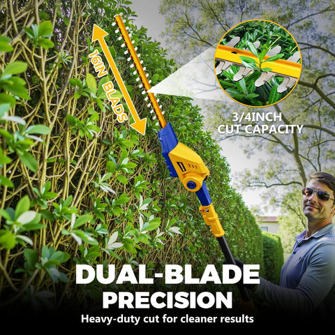 Man using Cordless Pole Hedge Trimmer Bare Tool Only, 16 Inch Dual Action Blades, 8 Foot Reach With Extension Pole on hedge