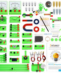 Kid Friendly Hands On Electric Circuit And Magnetism Kit components displayed with wires, magnets, and green circuit pieces.