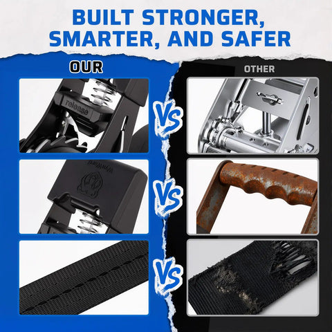 Comparison image of Tough As Nails Retractable Ratchet Straps 4 Pack with features of galvanized steel and thick UV webbing.