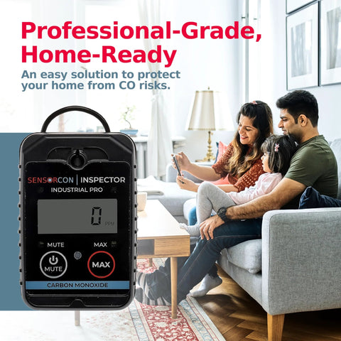 Front view of Sensorcon Inspector 2 Industrial PRO CO detector handheld device with LCD display and control buttons.