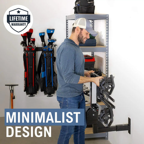 Man installing Battle Proven 2 Inch Hitch Receiver Wall Mount Bike Rack Holder And Cargo Carrier Storage Saver For Garage Organization.