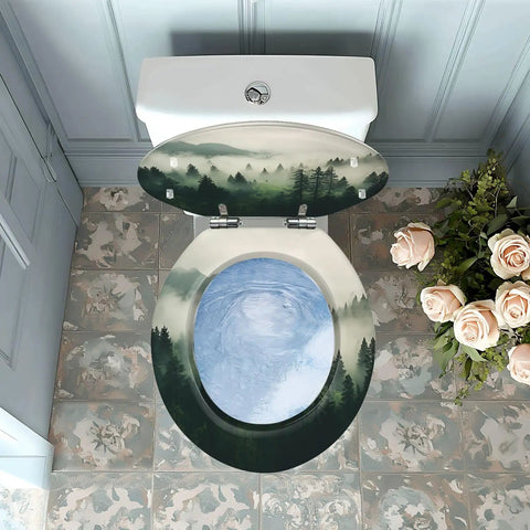 Toilet Seat Round Resin for Bathroom featuring scenic forest design, pale colors, and adjustable fitting for standard toilets.
