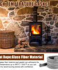 Wood stove door gasket rope seal, fiberglass, 1 in x 98 in, shown beside a wood-burning stove.