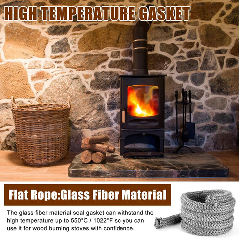 Wood stove door gasket rope seal, fiberglass, 1 in x 98 in, shown beside a wood-burning stove.
