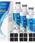 Fridge Water Filter Replacement 3 Pack For LG LT1000P And Kenmore 9980, Includes ADQ747935 And MDJ64844601 Variants, Plus LT120F Air Filter, NSF Certified For Clean Water And Fresher Air At Home, displayed with packaging