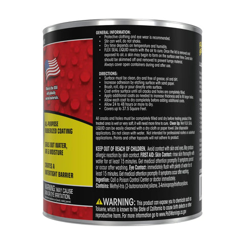 Back view of 32 oz DIY Friendly Liquid Rubber Sealant Coating can with instructions on usage and warnings displayed.