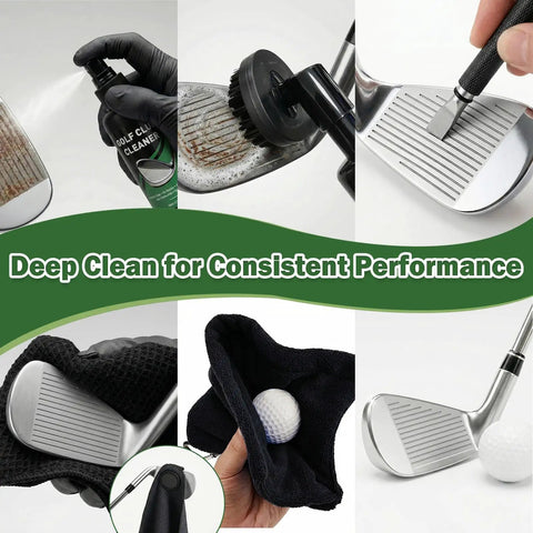 8 In 1 Golf Club Care Kit For Shine And Rust Removal With Cleaner, Brush, Groove Sharpener, Grip Cleaner, Polish, Magnetic Towel, Ball Towel, And Portable Bag Built For Pro Grade Club Cleaning, with club brush and towels