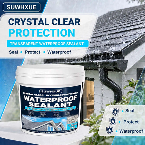 Heavy Duty Clear Waterproof Sealant With No Sweat Leak Repair Coating For Concrete Walls Roofs Metal Wood 1.32Gal bucket under rain