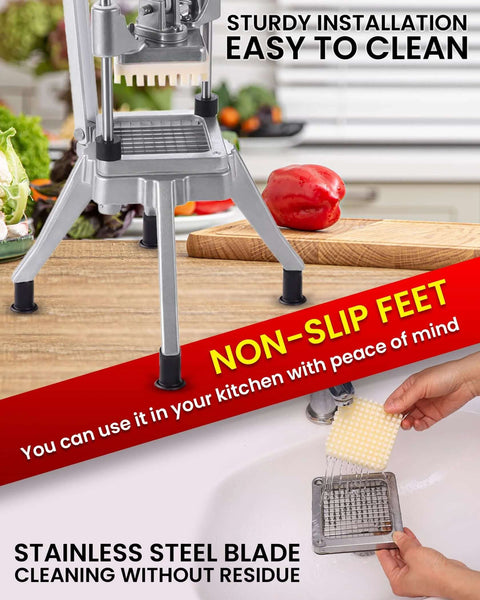 Ezcasch commercial French fry cutter with four stainless blades: 1/4 in, 3/8 in, 1/2 in, 8 wedge slices