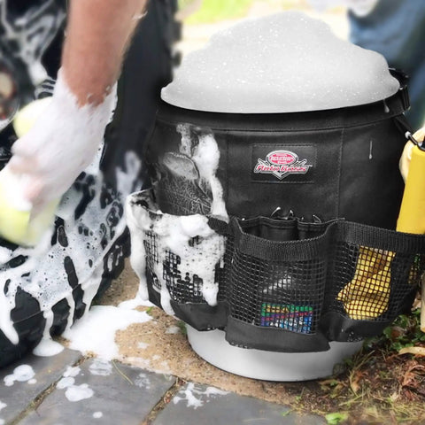 Exterior Bucket Organizer For 5 Gallon Buckets With Dope Quick Dry Mesh Pockets For Car Supplies Keeps Soap And Water In The Bucket While Wet Gear Dries Fast Black AB30060