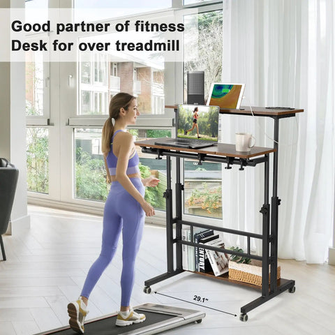 Woman using mobile standing desk with adjustable height rolling desk stand up station for home office, rustic brown, on treadmill