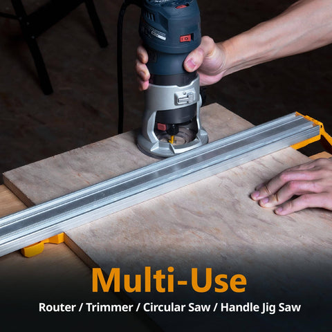 Person using a router with 24 Inch Straight Edge Clamp Guide For Circular Saw Router Jigsaw And Drill Press Workhorse For Precise Straight Cuts On Plywood Dado Slots And Routing Projects With Adjustable 24 Inch Reach clamped to a wooden board.