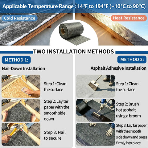 Straight Up Reliable Asphalt Saturated Roofing Tar Paper Small Roll showing two installation methods: Nail-Down and Asphalt Adhesive.
