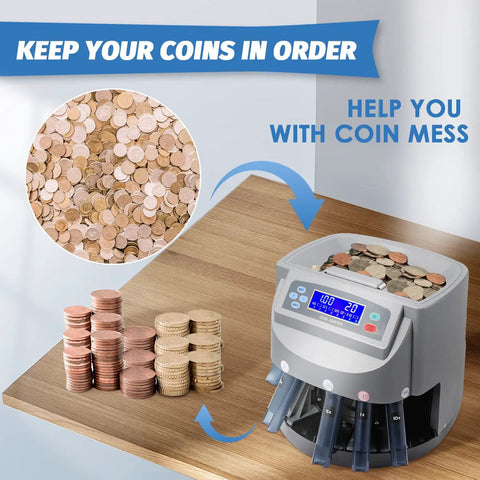 US Coin Counter Machine Auto Sorter and Wrapper Roller for Pennies Nickels Dimes Quarters and Dollars with digital display