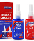 blue red threadlocker set with blue and red bottles for securing nuts and bolts, ideal for automotive, DIY, and industrial projects