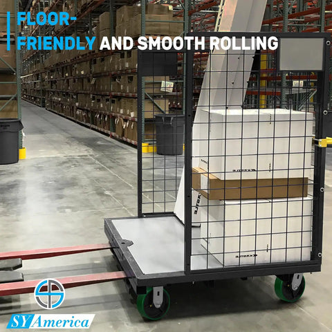 Heavy Duty Industrial Casters Set 5 Inch By 2 Inch Wheels With Non Marking Polyurethane On Cast Iron Core installed on cart