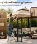 Man installing 10x10 Ft Gazebo Replacement Canopy Top With UV30 Plus Sun Protection, Dirt And Water Resistant Double Layer Outdoor Cover
